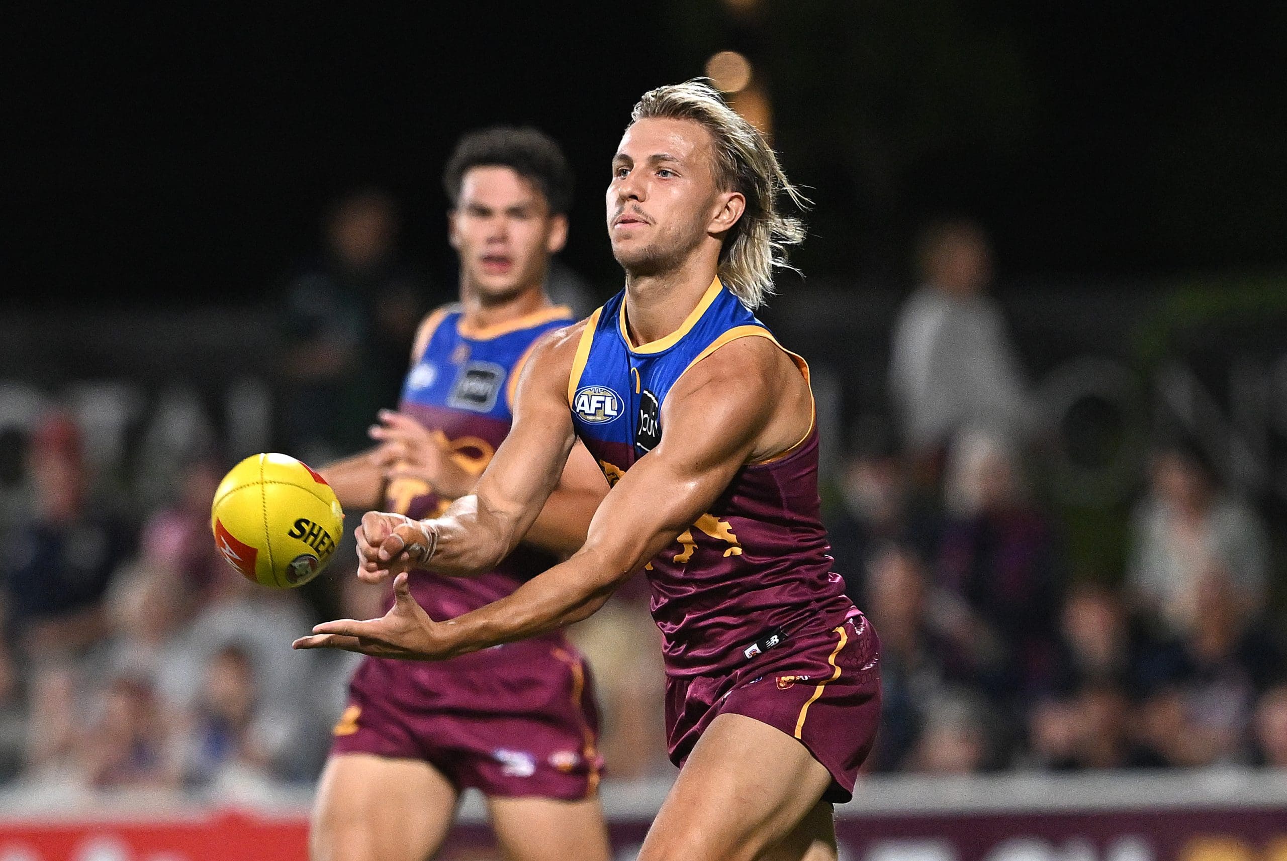 IPSWICH, AUSTRALIA - FEBRUARY 27: Kai Lohmann of the Lions in action during the 2025 AAMI AFL Community Series match between Brisbane Lions and Adelaide Crows at Brighton Homes Arena on February 27, 2025 in Ipswich, Australia. (Photo by Bradley Kanaris/Getty Images)