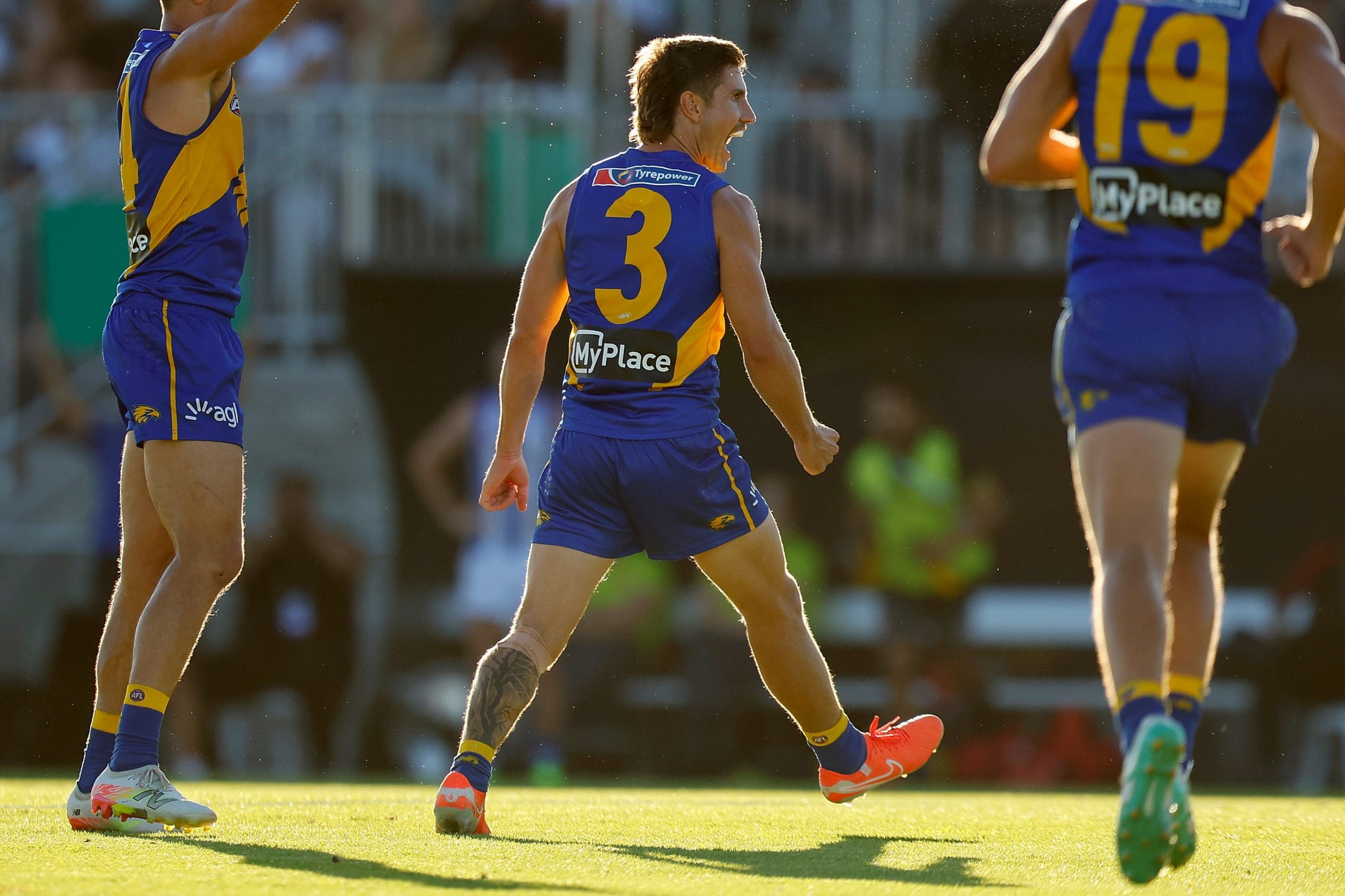 PERTH, AUSTRALIA - MARCH 01:  Liam Baker of the Eagles celebrates the winning goal during the 2025 AAMI AFL Community Series match between West Coast Eagles and North Melbourne Kangaroos at Hands Oval on March 01, 2025 in Bunbury, Australia. (Photo by James Worsfold/Getty Images)