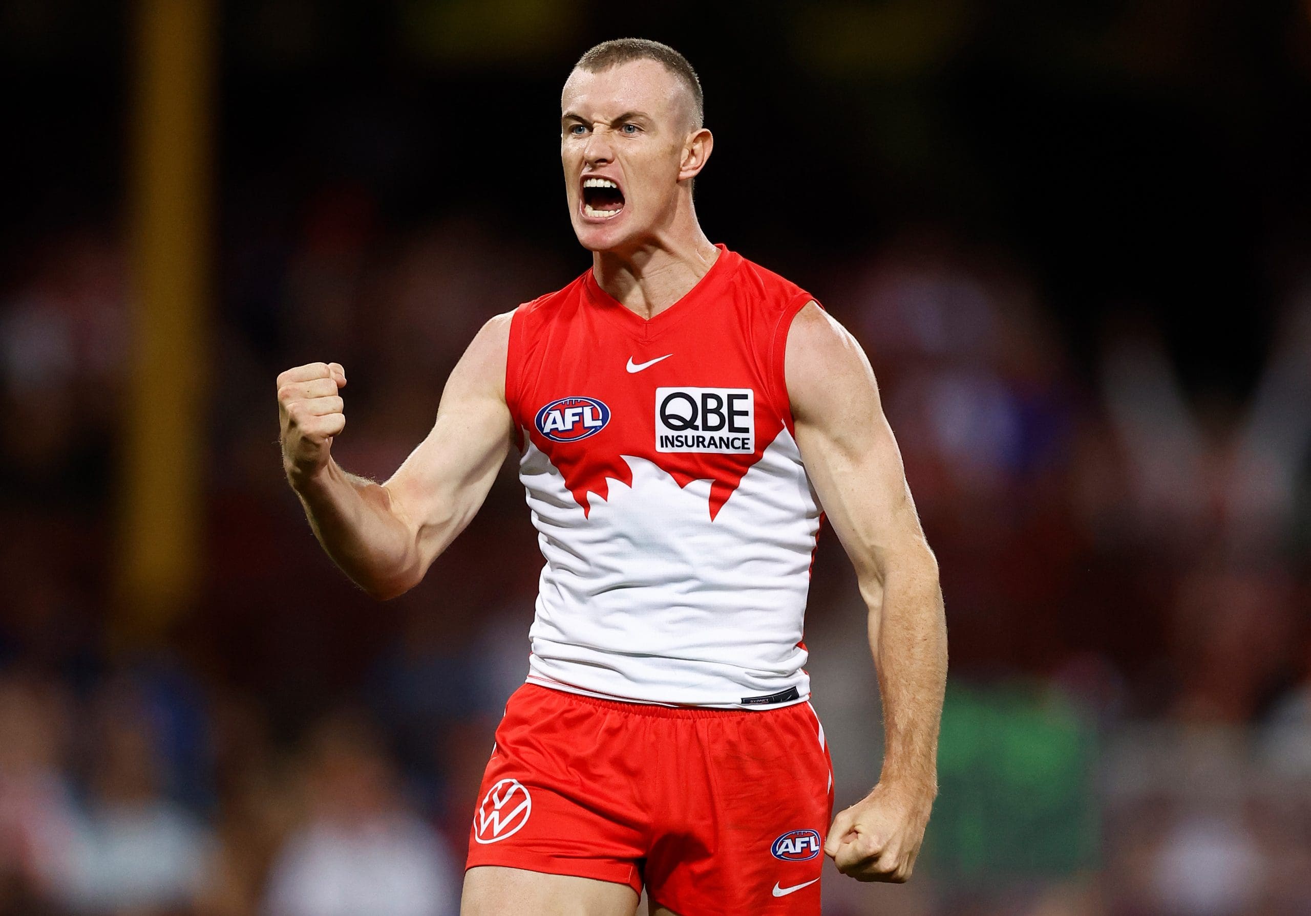 SYDNEY, AUSTRALIA - MARCH 07: Chad Warner of the Swans celebrates during the 2025 AFL Opening Round match between the Sydney Swans and the Hawthorn Hawks at the Sydney Cricket Ground on March 7, 2025 in Sydney, Australia. (Photo by Michael Willson/AFL Photos via Getty Images)