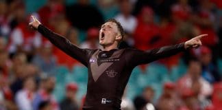 SYDNEY, AUSTRALIA - MARCH 07: James Sicily of the Hawks celebrates a goal during the 2025 AFL Opening Round match between the Sydney Swans and the Hawthorn Hawks at the Sydney Cricket Ground on March 7, 2025 in Sydney, Australia. (Photo by Michael Willson/AFL Photos via Getty Images)