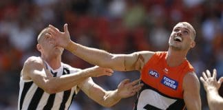 SYDNEY, AUSTRALIA - MARCH 09: Darcy Cameron of the Magpies competes with Kieren Briggs of the Giants during the AFL Opening Round match between Greater Western Sydney Giants and Collingwood Magpies at ENGIE Stadium, on March 09, 2025, in Sydney, Australia. (Photo by Darrian Traynor/Getty Images)