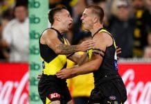 MELBOURNE, AUSTRALIA - MARCH 13: Rhyan Mansell (left) and Sam Lalor of the Tigers celebrate during the 2025 AFL Round 01 match between the Richmond Tigers and the Carlton Blues at the Melbourne Cricket Ground on March 13, 2025 in Melbourne, Australia. (Photo by Michael Willson/AFL Photos via Getty Images)