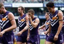 GEELONG, AUSTRALIA - MARCH 15: Sam Switkowski of the Dockers looks dejected at the half-time break during the 2025 AFL Round 01 match between the Geelong Cats and the Fremantle Dockers at GMHBA Stadium on March 15, 2025 in Geelong, Australia. (Photo by Michael Willson/AFL Photos via Getty Images)