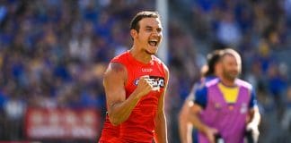 PERTH, AUSTRALIA - MARCH 16: Daniel Rioli of the Suns celebrates a goal during the 2025 AFL Round 01 match between the West Coast Eagles and the Gold Coast Suns at Optus Stadium on March 16, 2025 in Perth, Australia. (Photo by Daniel Carson/AFL Photos via Getty Images)