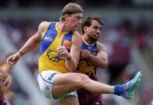 BRISBANE, AUSTRALIA - MARCH 23: Harley Reid of the Eagles in action during the 2025 AFL Round 02 match between the Brisbane Lions and the West Coast Eagles at The Gabba on March 23, 2025 in Brisbane, Australia. (Photo by Russell Freeman/AFL Photos via Getty Images)