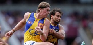 BRISBANE, AUSTRALIA - MARCH 23: Harley Reid of the Eagles in action during the 2025 AFL Round 02 match between the Brisbane Lions and the West Coast Eagles at The Gabba on March 23, 2025 in Brisbane, Australia. (Photo by Russell Freeman/AFL Photos via Getty Images)