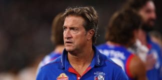 MELBOURNE, AUSTRALIA - MARCH 21: Luke Beveridge, Head Coach of the Bulldogs watches on during the round two AFL match between Footscray Bulldogs (Western Bulldogs) and Collingwood Magpies at Melbourne Cricket Ground, on March 21, 2025, in Melbourne, Australia. (Photo by Morgan Hancock/AFL Photos/Getty Images)