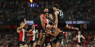 MELBOURNE, AUSTRALIA - MARCH 22: Isaac Keeler of the Saints celebrates after scoring a goal during the round two AFL match between St Kilda Saints and Geelong Cats at Marvel Stadium, on March 22, 2025, in Melbourne, Australia. (Photo by Robert Cianflone/Getty Images)