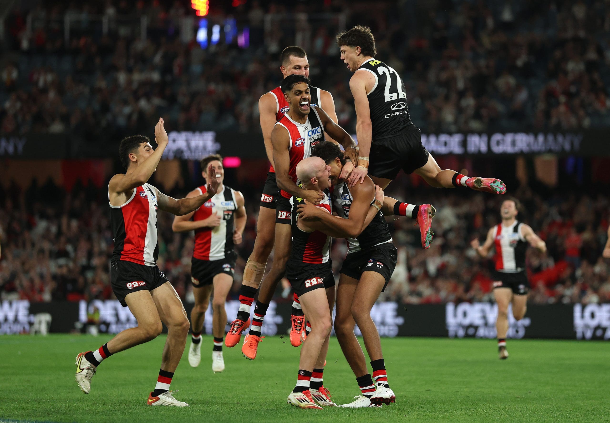 MELBOURNE, AUSTRALIA - MARCH 22: Isaac Keeler of the Saints celebrates after scoring a goal during the round two AFL match between St Kilda Saints and Geelong Cats at Marvel Stadium, on March 22, 2025, in Melbourne, Australia. (Photo by Robert Cianflone/Getty Images)
