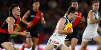 MELBOURNE, AUSTRALIA - MARCH 27: Christian Moraes of the Power in action during the 2025 AFL Round 03 match between the Essendon Bombers and the Port Adelaide Power at Marvel Stadium on March 27, 2025 in Melbourne, Australia. (Photo by Michael Willson/AFL Photos via Getty Images)