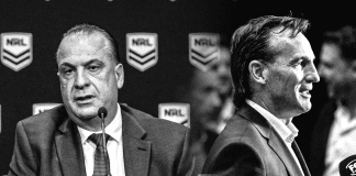 NRL boss Peter V'landys and AFL chief executive Andrew Dillon (R).