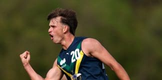 MELBOURNE, AUSTRALIA - APRIL 13: Daniel Annable of the AFL National Academy celebrates kicking a goal during the Marsh AFL National Academy Boys match between Australia U18 and Richmond VFL at RSEA Park on April 13, 2025 in Melbourne, Australia. (Photo by Josh Chadwick/AFL Photos)