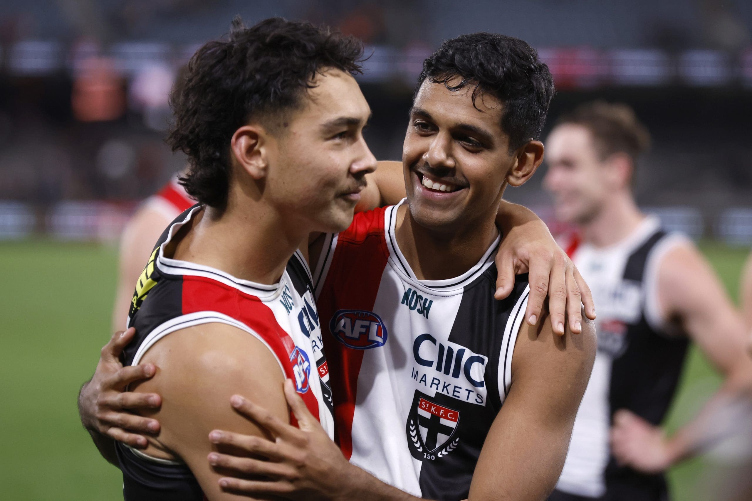 MELBOURNE, AUSTRALIA - APRIL 08: Mitch Owens and Nasiah Wanganeen-Milera of the Saints embrace after the round four AFL match between St Kilda Saints and Gold Coast Suns at Marvel Stadium, on April 08, 2023, in Melbourne, Australia. (Photo by Darrian Traynor/Getty Images)