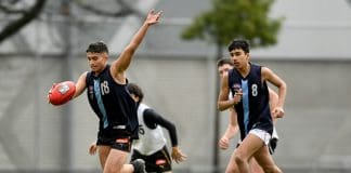 MELBOURNE, AUSTRALIA - JUNE 28: Adam Sweid of Vic Metro kicks during the Victorian Diversity All-Stars U18 Boys match between Vic Country and Vic Metro at Warrawee Park on June 28, 2023 in Melbourne, Australia. (Photo by Josh Chadwick/AFL Photos/AFL Photos via Getty Images)