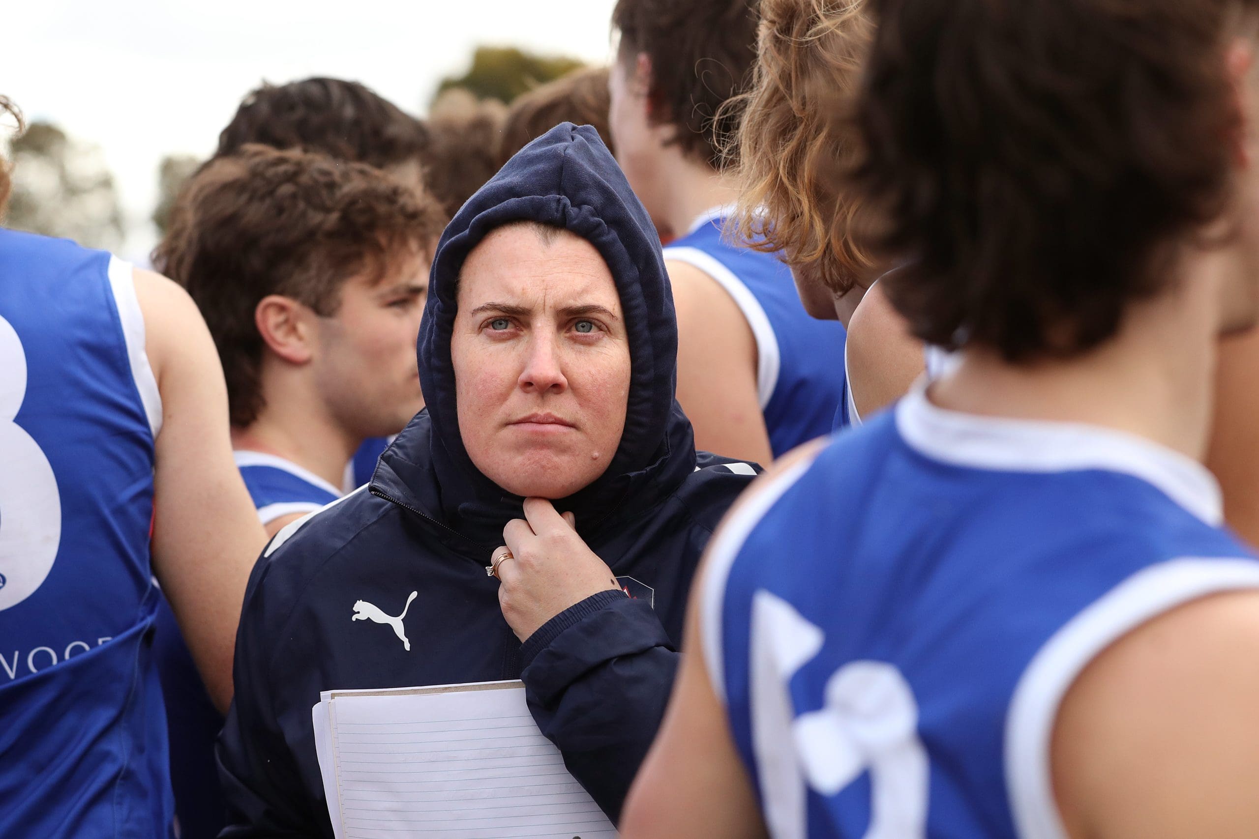 MELBOURNE, AUSTRALIA - SEPTEMBER 09: Lauren Morecroft, Coach of the Eastern Ranges looks on at 3/4 time during the Coates Talent League Boys Quarter Final match between Eastern Ranges and Oakleigh Chargers at Highgate Reserve on September 09, 2023 in Melbourne, Australia. (Photo by Kelly Defina/AFL Photos/via Getty Images )