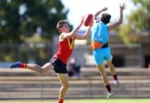 ADELAIDE, AUSTRALIA - MAY 26: Sam Cumming of South Australia and Nicholas Andreacchi of the Allies during the 2024 Marsh AFL Championships U18 Boys match between South Australia and Allies at Thebarton Oval on May 26, 2024 in Melbourne, Australia. (Photo by Sarah Reed/AFL Photos via Getty Images)