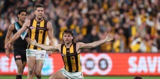 ADELAIDE, AUSTRALIA - SEPTEMBER 13: Luke Breust and Nick Watson of the Hawks celebrates a goal during the 2024 AFL Second Semi Final match between the Port Adelaide Power and the Hawthorn Hawks at Adelaide Oval on September 13, 2024 in Adelaide, Australia. (Photo by James Elsby/AFL Photos via Getty Images)