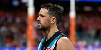 SYDNEY, AUSTRALIA - SEPTEMBER 20: Travis Boak of the Power looks dejected after a loss during the 2024 AFL First Preliminary Final match between the Sydney Swans and the Port Adelaide Power at The Sydney Cricket Ground on September 20, 2024 in Sydney, Australia. (Photo by Michael Willson/AFL Photos via Getty Images)