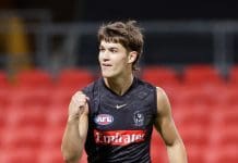 GOLD COAST, AUSTRALIA - FEBRUARY 20: Charlie West of the Magpies celebrates a goal during the 2025 AFL Match Simulation between the Gold Coast Suns and Collingwood Magpies at People First Stadium on February 20, 2025 in the Gold Coast, Australia. (Photo by Russell Freeman/AFL Photos via Getty Images)