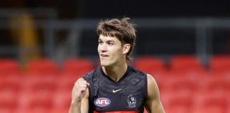 GOLD COAST, AUSTRALIA - FEBRUARY 20: Charlie West of the Magpies celebrates a goal during the 2025 AFL Match Simulation between the Gold Coast Suns and Collingwood Magpies at People First Stadium on February 20, 2025 in the Gold Coast, Australia. (Photo by Russell Freeman/AFL Photos via Getty Images)