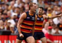 ADELAIDE, AUSTRALIA - MARCH 16: Jordan Dawson of the Crows celebrates a goal during the 2025 AFL Round 01 match between the Adelaide Crows and the St Kilda Saints at Adelaide Oval on March 16, 2025 in Adelaide, Australia. (Photo by Michael Willson/AFL Photos via Getty Images)