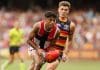 ADELAIDE, AUSTRALIA - MARCH 16: Nasiah Wanganeen-Milera of the Saints is tackled by Ben Keays of the Crows during the 2025 AFL Round 01 match between the Adelaide Crows and the St Kilda Saints at Adelaide Oval on March 16, 2025 in Adelaide, Australia. (Photo by James Elsby/AFL Photos via Getty Images)
