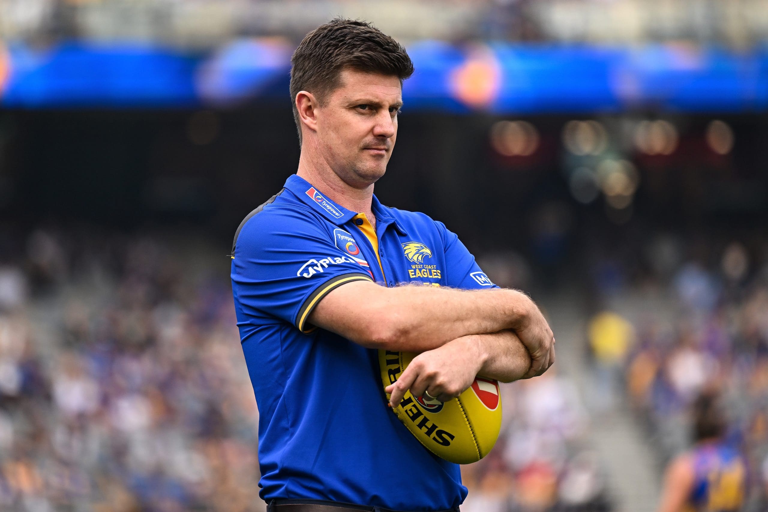 PERTH, AUSTRALIA - MARCH 30: Andrew McQualter, Senior Coach of the Eagles looks on during the 2025 AFL Round 03 match between the West Coast Eagles and the Fremantle Dockers at Optus Stadium on March 30, 2025 in Perth, Australia. (Photo by Daniel Carson/AFL Photos via Getty Images)