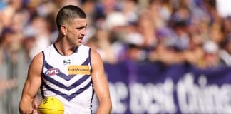 PERTH, AUSTRALIA - MARCH 30: Patrick Voss of the Dockers looks on during the round three AFL match between West Coast Eagles and Fremantle Dockers at Optus Stadium, on March 30, 2025, in Perth, Australia. (Photo by Paul Kane/Getty Images)