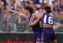 PERTH, AUSTRALIA - APRIL 06: Luke Jackson of the Dockers celebrates a goal during the 2025 AFL Round 04 match between the Fremantle Dockers and the Western Bulldogs at Optus Stadium on April 6, 2025 in Perth, Australia. (Photo by Janelle St Pierre/AFL Photos via Getty Images)