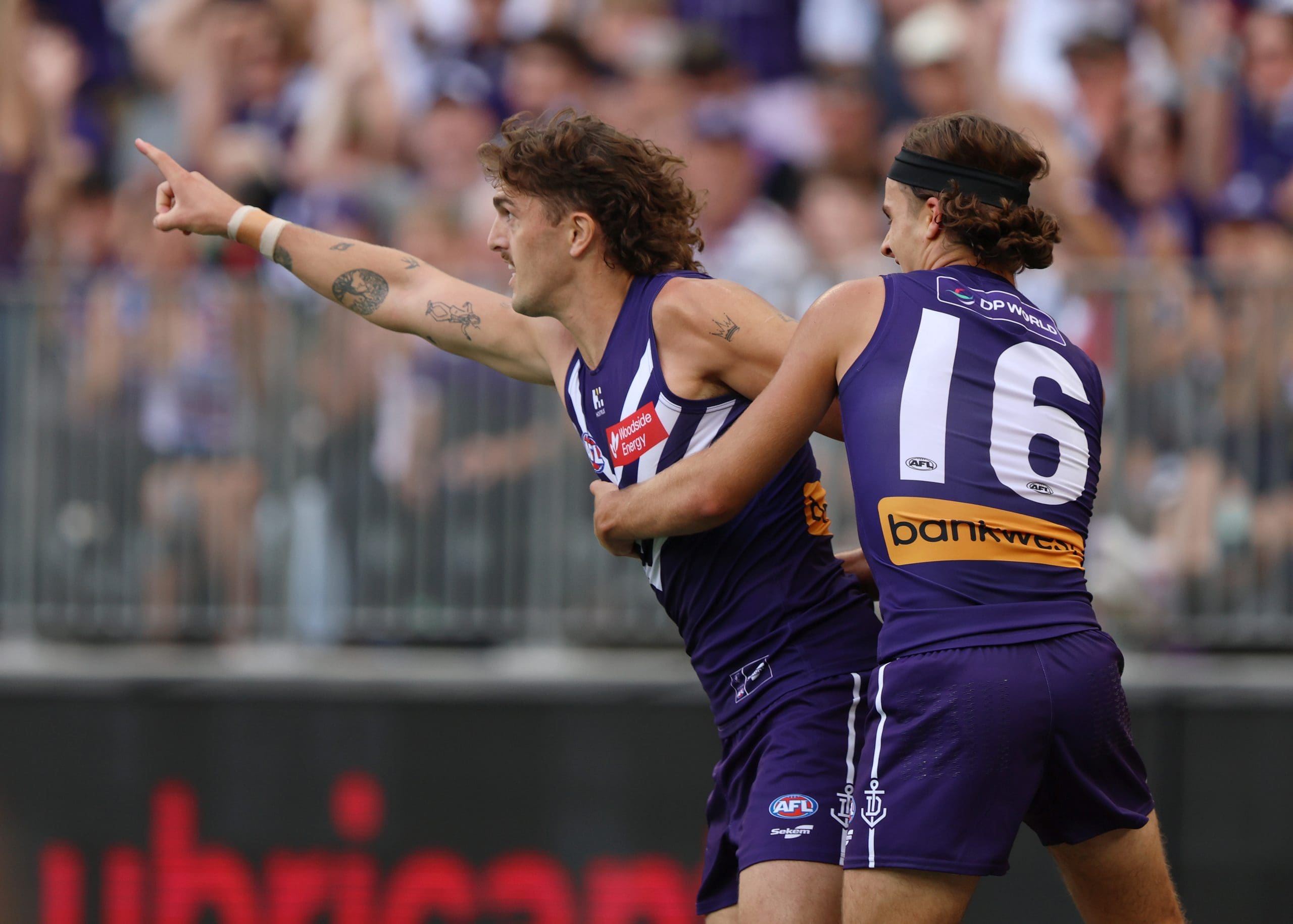 PERTH, AUSTRALIA - APRIL 06: Luke Jackson of the Dockers celebrates a goal during the 2025 AFL Round 04 match between the Fremantle Dockers and the Western Bulldogs at Optus Stadium on April 6, 2025 in Perth, Australia. (Photo by Janelle St Pierre/AFL Photos via Getty Images)