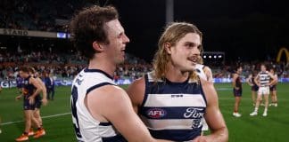 ADELAIDE, AUSTRALIA - APRIL 10: Max Holmes (left) and Bailey Smith of the Cats celebrate during the 2025 AFL Round 05 match between the Adelaide Crows and the Geelong Cats at Adelaide Oval on April 10, 2025 in Adelaide, Australia. (Photo by Michael Willson/AFL Photos via Getty Images)