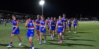 ADELAIDE, AUSTRALIA - APRIL 12: Western Bulldogs  leave the ground after losing  the round five AFL match between Western Bulldogs and Brisbane Lions at Norwood Oval, on April 12, 2025, in Adelaide, Australia. (Photo by Mark Brake/Getty Images)