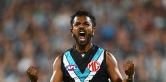 ADELAIDE, AUSTRALIA - APRIL 13: Willie Rioli of the Power celebrates kicking a goal during the round five AFL match between Port Adelaide Power and Hawthorn Hawks at Adelaide Oval, on April 13, 2025, in Adelaide, Australia. (Photo by Quinn Rooney/Getty Images)