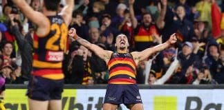 ADELAIDE, AUSTRALIA - APRIL 19: Izak Rankine of the Crows celebrates a goal during the 2025 AFL Round 06 match between the Adelaide Crows and the GWS Giants at Adelaide Oval on April 19, 2025 in Adelaide, Australia. (Photo by Sarah Reed/AFL Photos via Getty Images)