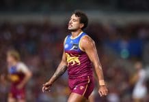 BRISBANE, AUSTRALIA - APRIL 17: Callum Ah Chee of the Lions looks on during the round six AFL match between Brisbane Lions and Collingwood Magpies at The Gabba, on April 17, 2025, in Brisbane, Australia. (Photo by Chris Hyde/AFL Photos/via Getty Images)