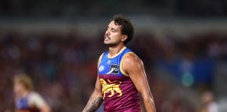 BRISBANE, AUSTRALIA - APRIL 17: Callum Ah Chee of the Lions looks on during the round six AFL match between Brisbane Lions and Collingwood Magpies at The Gabba, on April 17, 2025, in Brisbane, Australia. (Photo by Chris Hyde/AFL Photos/via Getty Images)