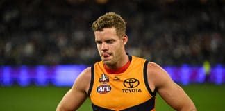 PERTH, AUSTRALIA - APRIL 25: Mitchell Hinge of the Crows looks dejected after a loss during the 2025 AFL Round 07 match between the Fremantle Dockers and the Adelaide Crows at Optus Stadium on April 25, 2025 in Perth, Australia. (Photo by Daniel Carson/AFL Photos via Getty Images)