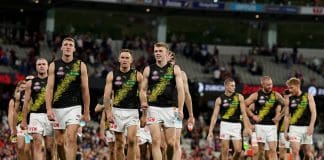 MELBOURNE, AUSTRALIA - APRIL 24: The Tigers look dejected after losing the round seven AFL match between Melbourne Demons and Richmond Tigers at Melbourne Cricket Ground, on April 24, 2025, in Melbourne, Australia. (Photo by Robert Cianflone/Getty Images)