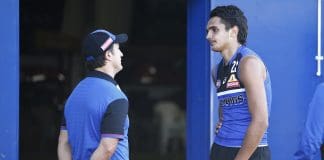 MELBOURNE, AUSTRALIA - APRIL 29: Bulldogs head coach Luke Beveridge (L) speaks with Jamarra Ugle-Hagan of the Bulldogs during a Western Bulldogs AFL training session at Whitten Oval on April 29, 2021 in Melbourne, Australia. (Photo by Daniel Pockett/Getty Images)