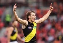 SYDNEY, AUSTRALIA - JUNE 04: Judson Clarke of the Tigers celebrates kicking a goal during the round 12 AFL match between Greater Western Sydney Giants and Richmond Tigers at GIANTS Stadium, on June 04, 2023, in Sydney, Australia. (Photo by Mark Kolbe/Getty Images)