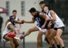 MELBOURNE, AUSTRALIA - JUNE 28: Jai Saxena of Vic Metro kicks during the Victorian Diversity All-Stars U18 Boys match between Vic Country and Vic Metro at Warrawee Park on June 28, 2023 in Melbourne, Australia. (Photo by Josh Chadwick/AFL Photos/AFL Photos via Getty Images)