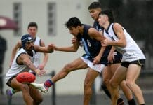 MELBOURNE, AUSTRALIA - JUNE 28: Jai Saxena of Vic Metro kicks during the Victorian Diversity All-Stars U18 Boys match between Vic Country and Vic Metro at Warrawee Park on June 28, 2023 in Melbourne, Australia. (Photo by Josh Chadwick/AFL Photos/AFL Photos via Getty Images)