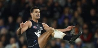 MELBOURNE, AUSTRALIA - JULY 15: Jack Silvagni of the Blues kicks a goal during the round 18 AFL match between Carlton Blues and Port Adelaide Power at Marvel Stadium, on July 15, 2023, in Melbourne, Australia. (Photo by Daniel Pockett/Getty Images)