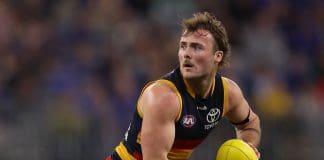 PERTH, AUSTRALIA - AUGUST 26: Luke Pedlar of the Crows in action during the round 24 AFL match between the West Coast Eagles and Adelaide Crows at Optus Stadium, on August 26, 2023, in Perth, Australia. (Photo by Paul Kane/Getty Images)