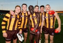 MELBOURNE, AUSTRALIA - JUNE 08: Jack Ginnivan, Connor Macdonald, Changkuoth Jiath, Dylan Moore, Massimo D'Ambrosio and James Worpel of the Hawks pose for a photo during the 2024 AFL Round 13 match between the Hawthorn Hawks and the GWS GIANTS at UTAS Stadium on June 08, 2024 in Launceston, Australia. (Photo by Dylan Burns/AFL Photos via Getty Images)