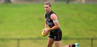 MELBOURNE, AUSTRALIA - JULY 16: Darcy Parish of the Bombers in action during an Essendon Bombers AFL training session at The Hangar on July 16, 2024 in Melbourne, Australia. (Photo by Daniel Pockett/Getty Images)