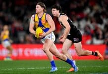 MELBOURNE, AUSTRALIA - JULY 20: Harley Reid of the Eagles runs with the ball during the round 19 AFL match between St Kilda Saints and West Coast Eagles at Marvel Stadium, on July 20, 2024, in Melbourne, Australia. (Photo by Josh Chadwick/AFL Photos/via Getty Images)