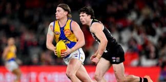 MELBOURNE, AUSTRALIA - JULY 20: Harley Reid of the Eagles runs with the ball during the round 19 AFL match between St Kilda Saints and West Coast Eagles at Marvel Stadium, on July 20, 2024, in Melbourne, Australia. (Photo by Josh Chadwick/AFL Photos/via Getty Images)