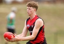 MELBOURNE, AUSTRALIA - JANUARY 16: Angus Clarke of the Bombers in action during the Essendon Bombers AFL training session at The Hangar on January 16, 2025 in Melbourne, Australia. (Photo by Michael Willson/AFL Photos via Getty Images)