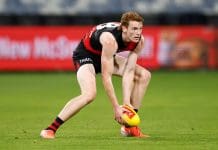 GEELONG, AUSTRALIA - FEBRUARY 25: Lewis Hayes of the Bombers in action during the 2025 AFL AAMI Community Series match between the Geelong Cats and the Essendon Bombers at GMHBA Stadium on February 25, 2025 in Geelong, Australia. (Photo by Michael Willson/AFL Photos via Getty Images)